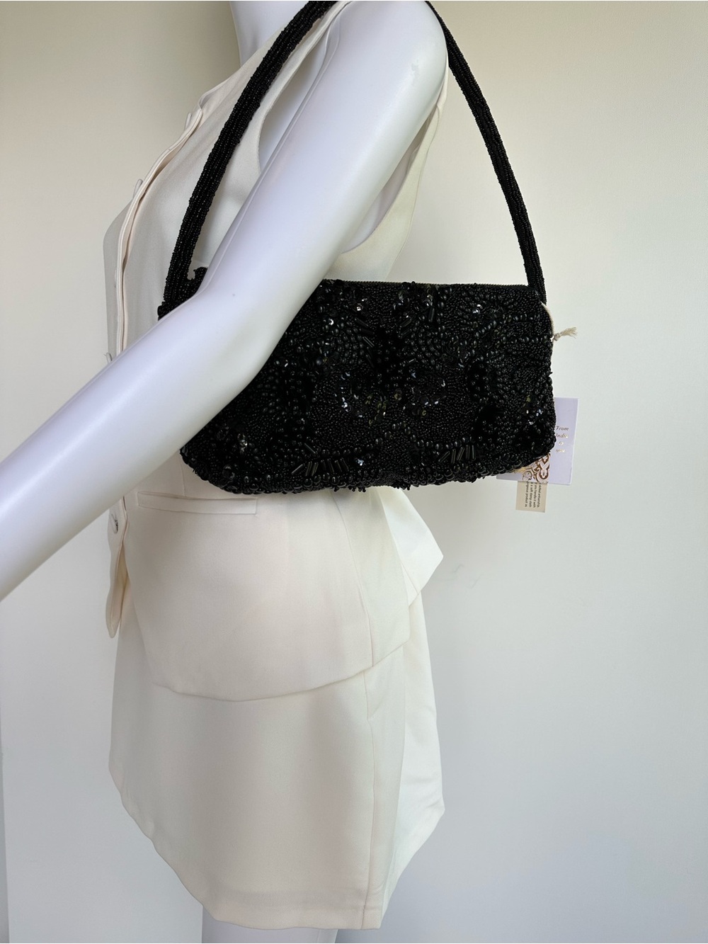 Black Beaded Shoulder Bag - Elegant Evening Accessory
